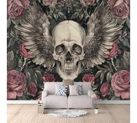 Skeleton Photo Wallpaper Gothic Floral Skull Wallpaper Mural 3D Art Print, Non-Woven Wall Paper, Decoration Poster Picture Mural 500 × 280 cm / 196.8" × 110" for Living Room Bedroom