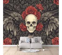 Skeleton Photo Wallpaper Gothic Rose Flower Wallpaper Wall Mural 300 × 256 cm / 118" × 100.7" - Non-Woven Wall Mural 3D Art Print Bedroom Living Room Decoration Poster