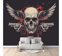 Skeleton Photo Wallpaper Gothic Wings Pistol Wall Paper 250 × 175 cm / 98.4" × 68.8" - Non-Woven Mural, Art Print Wall Mural Decoration Poster Picture Design Modern 3D Effect