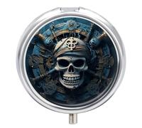 Skeleton Pirate Travel Pill Box Case 3 Compartment Cute Pill Organizer Metal Pill Holder with Mirror Small Medicine Organizer Daily Pill Container for Purse Pocket Portable Meds Box