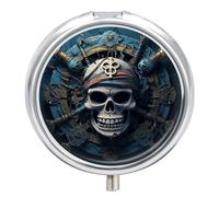 Skeleton Pirate Travel Pill Box Case 3 Compartment Cute Pill Organizer Metal Pill Holder with Mirror Small Medicine Organizer Daily Pill Container for Purse Pocket Portable Meds Box