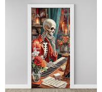 Skeleton Play Piano 3D Door Stickers Self Adhesive, Skull Music Wallpaper Peel and Stick, Gothic Bone Door Murals, PVC Waterproof Door Decal for Bedroom Living Room 77x200 cm H6l86
