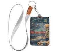 Skeleton Play The Piano Starry Sky Leather Badge Holder Women with Lanyard and 3-Card Capacity Name Card Holders for Staffs Officers Students Doctors Employees