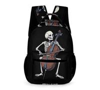 Skeleton Playing Cello Travel Backpack 16 Inch Large Capacity Laptop Daypack Shoulder Bag for Men Women