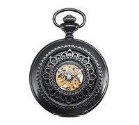 Skeleton Pocket Watch Chain Mechanical Hand Wind with Bronze Red Roman Numerals Half Hunter Vintage Antique Look - PW33