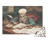 Skeleton Poet on Old Wooden Table Jigsaw Puzzles. 1000pcs (75x50cm) Vintage Feather Whimsical Challenge Toy for Educational Games Gifts
