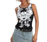 Skeleton Print Tank Top Women Gothic Skull Tee Shirt Halloween Sleeveless Round Neck Y2K Aesthetic Tops Casual Top, Black, L