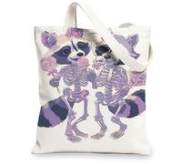 Skeleton Raccoon Canvas Tote Bags, Cute Animal Pattern Reusable Shopping Bags, Fun Playful Lightweight Washable Shoulder St, White, 13x15 Inch
