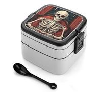 Skeleton Reading Bento Box with Spoon & Handle - 2 Compartment Leak-Proof Stackable Lunch Box for Adults, BPA-Free Reusable Food Containers for Work, Travel, Picnic