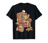 Skeleton Reading Book Funny Skull Bookworm Cat Coffee T-Shirt