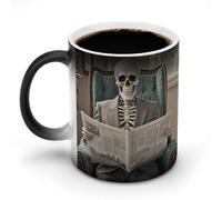 Skeleton Reading Newspaper Magic Color Changing Coffee Mug, 11 Oz Ceramic Cup with Handle, Heat Sensitive Heat Changing Mug Temperature Changing Mugs for Office Home, Personalized Gift