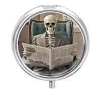 Skeleton Reading Newspaper Pill Box 3 Compartment Waterproof Pill Case with Mirror Portable for Purse Pocket Daily Medicine Vitamin Organizer Travel Med Container Holder for Fish Oil Supplements