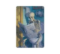 Skeleton Reading The Newspaper Bathroom Tin Metal Signs Wall Art Decorations for Bar Pub Club Cafe Room Farmhouse White 30x20cm