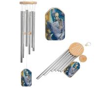Skeleton Reading The Newspaper Bathroom Wind Chimes Memorial Deep Tone Windchime with 6 Aluminum Tubes Outdoor Backyard Garden Decoration