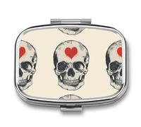 Skeleton Red Heart Pill Case Box with 2 Compartment Medicine Vitamin Organizer for Purse Pocket 5.5x4cm