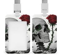 Skeleton Red Rose Badge Holder Vertical ID Badge Holder with Lanyard, Durable ABS Plastic - Waterproof Name Tag for Office, Teacher& Nurses