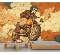 Skeleton Rider Murals Flame and Smoke Motorcycle Wallpaper for Walls Cool Undead Rider Wallpaper for Kids Bedroom Living Room Boys Room 280 X 200 cm