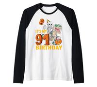 Skeleton Riding Mummy Dinosaur T rex Funny 91st Birthday Tee Raglan Baseball Tee