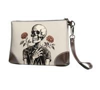 Skeleton Rose Flower Leather Clutch Bag for Women, ghosts Skull Wristlet Purse with Detachable Strap Evening Handbag, Ladies Long Wallet for Wedding Party Travel Business