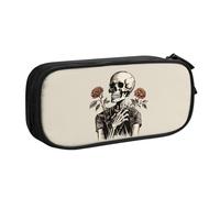 Skeleton Rose Flower Pencil Case for Boys Girls Ghosts Skull Large Pen Bag Desk Stationery Organizer Pencil Pouch for School Office Zippered Makeup Bag