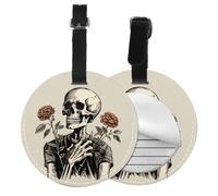 Skeleton Rose Flower Round Luggage Tag 4PCS Ghosts Skull PU Leather Travel Bag Tag ID Labels Name Card Holder wtih Buckle for Luggage Suitcase Backpacks