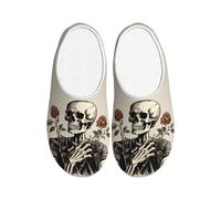 Skeleton Rose Flower Women's Slippers Flannel House Slippers for Men ghosts Skull Non-Slip Warm Winter Shoes for Indoor Outdoor UK 3-4