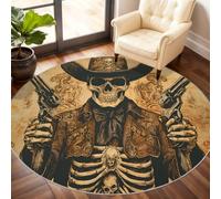 Skeleton Round Rug 150cm, Western Cowboy Circle Rug, Retro Skeleton Area Rugs, Washable Circle Carpet for Living Room Dining Room Bedroom Hallway Under the Coffee Table