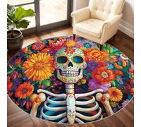 Skeleton Round Rug 240cm, Mexican Skeleton Circle Rugs, Colorful Floral Rug, Washable Round Carpet for Kitchen Dining Living Room Bathroom Beneath the Furniture