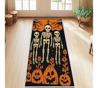 Skeleton Runner Rug, Halloween Festive Pumpkin Flower Halloween Black Low Pile Indoor Rectangle Carpet Non Shedding for Kitchen Entryway Laundry Hallway Decor 2x5 Ft