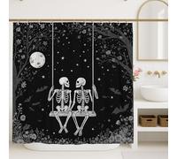 Skeleton Shower Curtain, Black White Halloween Decor, Spooky Autumn Gothic Bathroom Set, Modern Minimalistic Waterproof Fabric Shower Curtain with Hooks 72x72 Inch