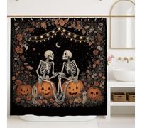 Skeleton Shower Curtain, Halloween Black Orange Floral Bathroom Decor, Spooky Autumn Vintage Style Waterproof Fabric Shower Curtain with Hooks 72x96 Inch