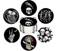 Skeleton Skull 6Pack Ceramic Drink Coasters,Quick-Absorb Stone Coasters with Anti-Slip Cork Backing & Metal Holder, Table Protectors for Kitchen Bar