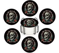 Skeleton Skull Gothic 6Pack Ceramic Drink Coasters,Quick-Absorb Stone Coasters with Anti-Slip Cork Backing & Metal Holder, Table Protectors for Kitchen Bar