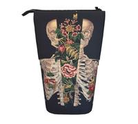Skeleton Skull With Flower Environmental Protection Tasteless Retractable Pencil Case, Suitable For Boys Or Girls Stationery Bag, Personalized Pen Holder, Suitable For Students And Office Use.