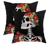 Skeleton Skull with Flowers Pillow Covers Set of 2, Black Red Yellow Floral Seasonal Gothic Decorative Cushion Cases for Halloween Home Sofa Bed Couch 16x16 Inch