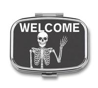 Skeleton Smiling Waving Word Welcome Pill Box 2 Compartment Portable Medicine Pill Case Travel Pill Organizer for Pocket Purse
