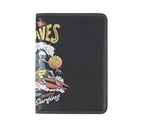 Skeleton Surfing Wild Waves Red Hibiscus Flowers On Black Genuine Leather Travel Passport Covers, Microfiber Leather Travel Wallet Holder Case Protector for Women and Men