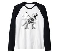 Skeleton T Rex Leashed Ghost Halloween Dinosaur Bones Raglan Baseball Tee