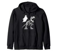 Skeleton T Rex Leashed Ghost Halloween Dinosaur Bones Zip Hoodie