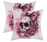 skeleton throw pillow cover beautiful floral skull bow decoration elegant girl pink velvet with zipper cushion covers decorative set of 2 sofa bedroom porch pillow case covers 16x16inches
