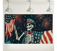 Skeleton Uncle Sam Wall Backdrop, Vintage Patriotic America Flag Decorative Photography Background, Fireworks Independence Day Party Supplies 71x43 Inch