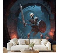 Skeleton Warrior Shield Sword Wall Paper Vintage Stone Arch Art Photo Wallpaper 3D Effect 500x350 cm Medieval Architecture Mural for Bedroom Living Room Non-Woven Poster Decoration vd47u