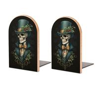 Skeleton Wearing Top Hat Bow Tie Wooden Bookends Shelves 2 PCS Sturdy Book Holders Desktop Organizer for Home Office Libraries