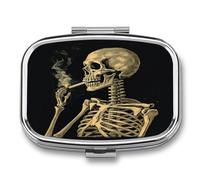 Skeleton with Flame Cigarette Pill Box 2 Compartments Decorative Metal Pill Case for Pocket Purse Travel Portable Medicine Box Pill Container Organizer for Vitamins Fish Oil Supplements