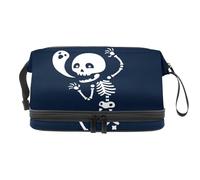Skeleton with Happy Soul Double Layer Cosmetic Bag for Women and Girls, Travel Toiletry Bag Makeup Handy Pouch Organiser Bag with Brush Compartment