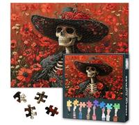 Skeleton with Hat Jigsaw Puzzles 1000 Pieces Impossible Challenging Skull Is in the Red Flowers Jigsaw Puzzle for Home Decor Skeleton and Flowers Puzzles as Gifts for Family Friends 27.5"X19.7"