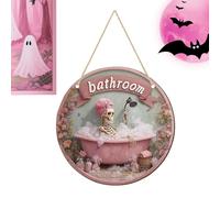 Skeleton Wood Sign - Round Hanging Halloween Plaque, Scary Wall Plate Decoration, Scary Ornament, Haunted House Farmhouse Coat Bedroom Door A Setup For Holiday Event Party