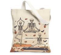 Skeleton Yoga Quote Skeletons Halloween Canvas Tote Bag 13x15 Inch | Yoga Pose Illustrations, Autumn Leaves, Bat Motifs, Fanciful Seasonal Theme, Lightweight Linen-like Fabric