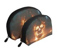 Skeletons and Ships in A Sea of Fire Printed Makeup Bags 2-Piece Portable Shell Travel Toiletry Bag