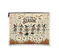 Skeletons Canvas with Zipper, Playful Fanciful Pumpkins Leaves Halloween Orange Canvas with Zipper Makeup Bag for Purse for Travel, Bathroom, Vanity, Purse Storage and Gifts, Orange, 7x9 Inch, Playful